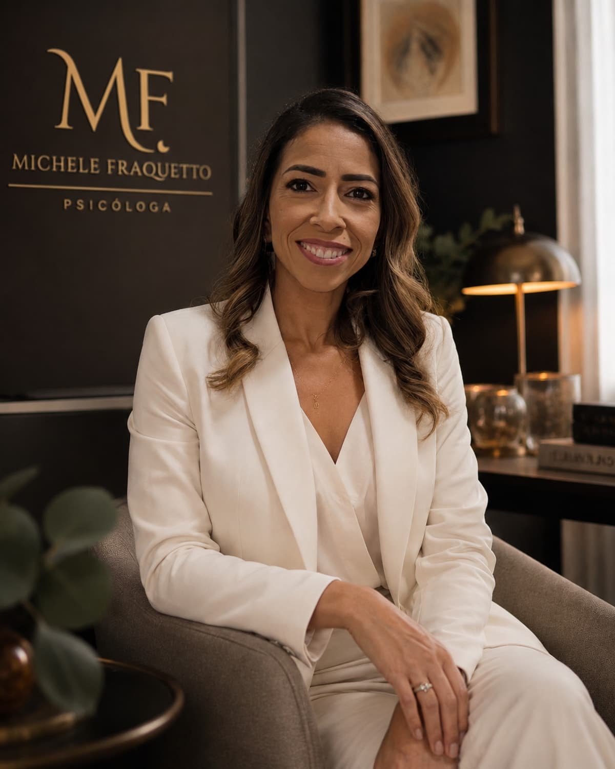 Michele Fraquetto sentada em uma poltrona no consultório, ao lado da placa com seu monograma